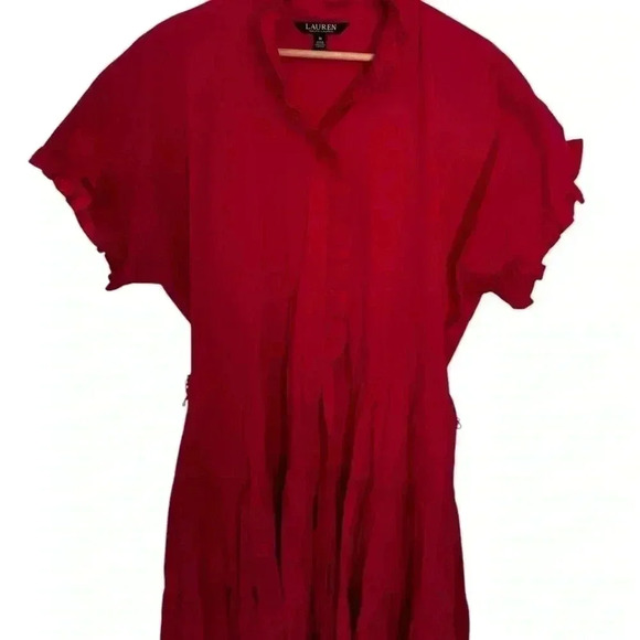 Lauren Ralph Lauren Cotton Cap Sleeve Ruffle Tiered Mini Shirt Dress Size - Picture 2 of 8